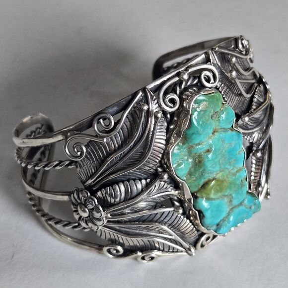 Vintage Navajo Sterling Turquoise Nugget Cuff Bracelet Royston Style Heavy 69gm - Picture 7 of 16